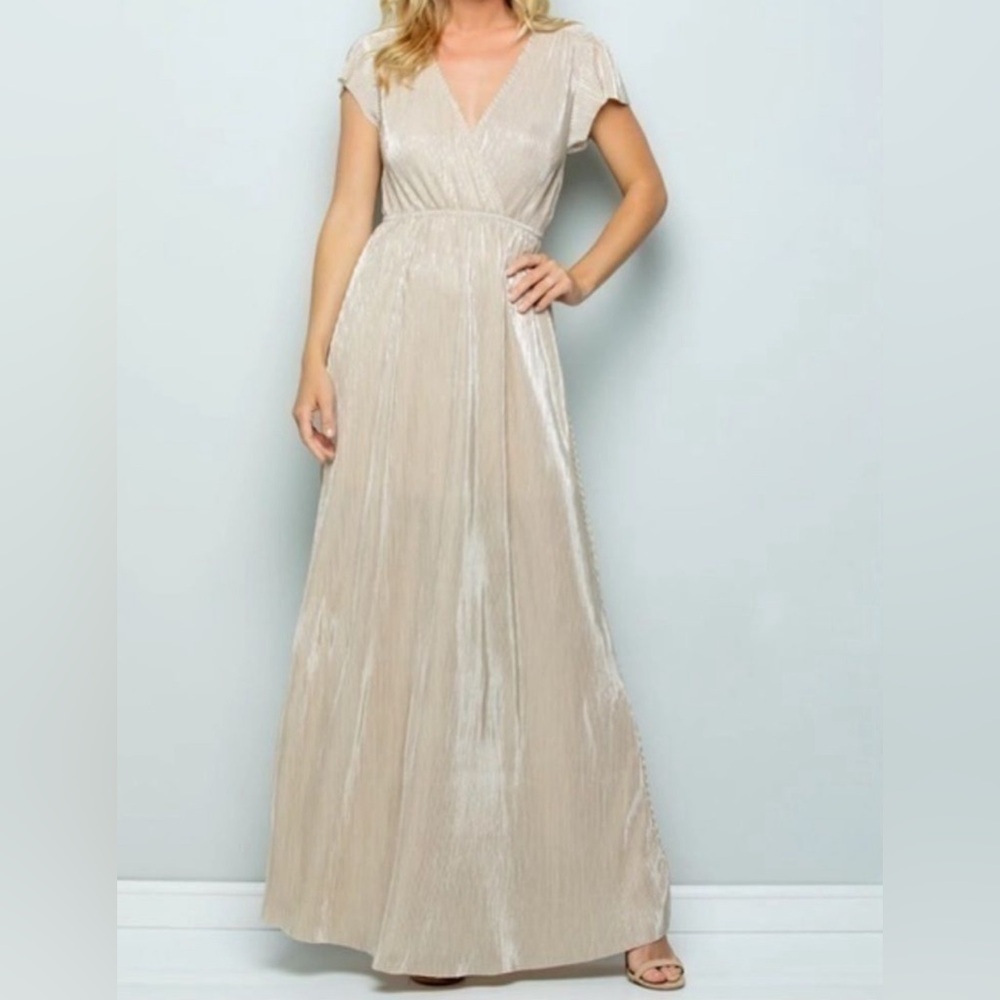 See And Be Seen Gold Micro Pleat Faux Wrap Maxi Dress